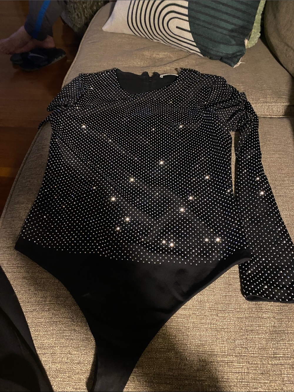Alice + Olivia Black Rhinestone Long-Sleeve Bodysuit